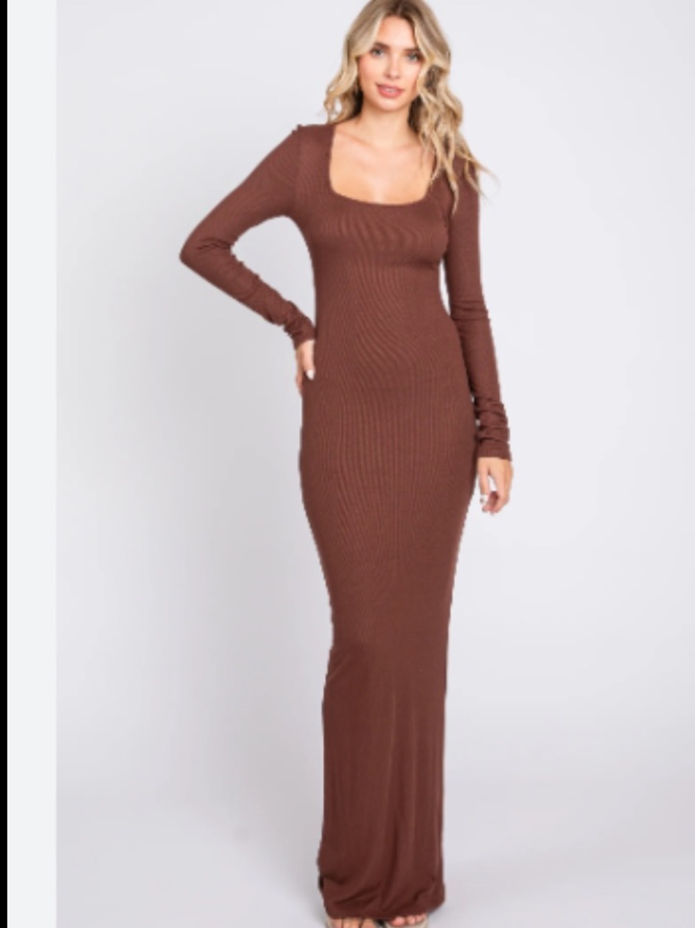 Brown Long-Sleeve Scoop Neck Women's Dress